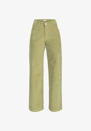 Gröna kordfløyelsbyxor med hög midja, med framlommer och knappstängning på framsidan, som erbjuder en mjuk textur och en strukturerad form.