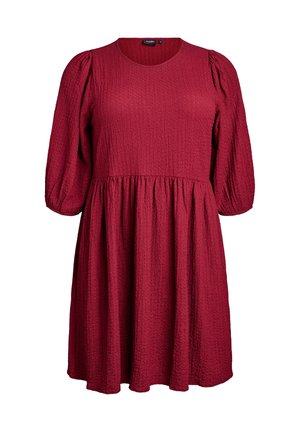 Rode textuur jurk met korte pofmouwen, ronde halslijn en geraffineerde taille, met een losse pasvorm en vloeiende rok.