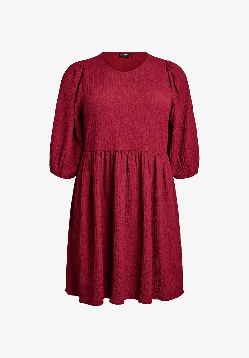 Rode textuur jurk met korte pofmouwen, ronde halslijn en geraffineerde taille, met een losse pasvorm en vloeiende rok.