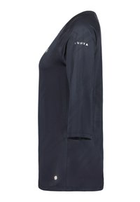 Navy blue short-sleeve sports shirt with a textured pattern, round neckline, and logo on the sleeve. Lightweight, breathable fabric.