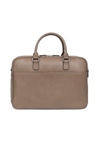 Borsa per laptop in pelle color taupe, con due manici superiori, chiusura a zip e una tasca frontale piatta. Tessuto liscio con dettagli di cucitura discreti.