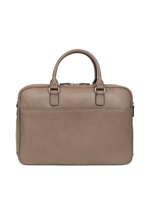 Leren laptoptas in taupe, met twee handvatten, ritssluiting en een platte voorkant vak. Gladde textuur met subtiele stiknaaddetails.