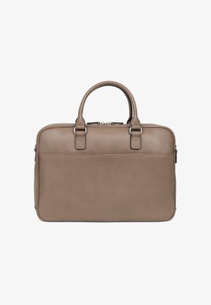 Leren laptoptas in taupe, met twee handvatten, ritssluiting en een platte voorkant vak. Gladde textuur met subtiele stiknaaddetails.