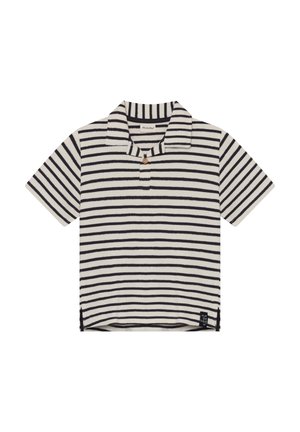 Polo a righe color crema e blu navy. Presenta un colletto con bottoni, maniche corte e spacchi laterali. Tessuto morbido con texture liscia.