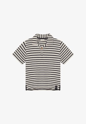 Polo a righe color crema e blu navy. Presenta un colletto con bottoni, maniche corte e spacchi laterali. Tessuto morbido con texture liscia.