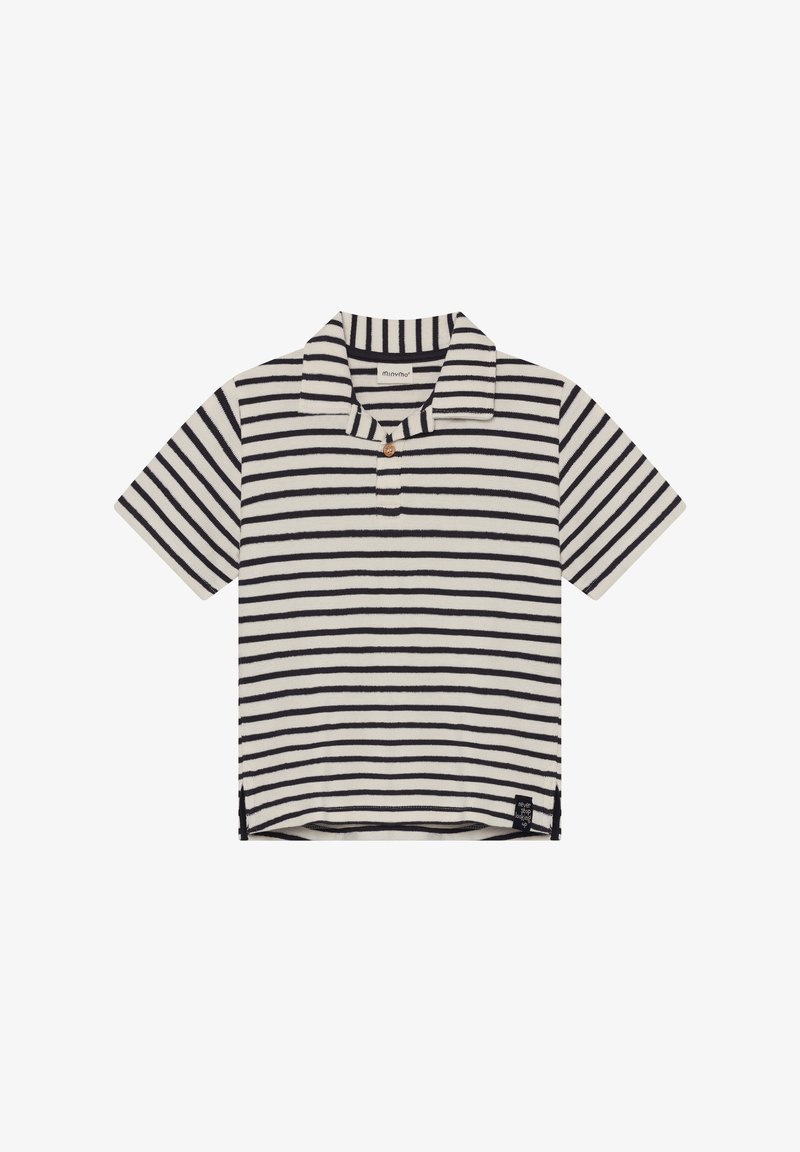 Polo rayé crème et marine. Comprend un col à boutons, des manches courtes et des fentes latérales. Tissu doux avec une texture lisse.