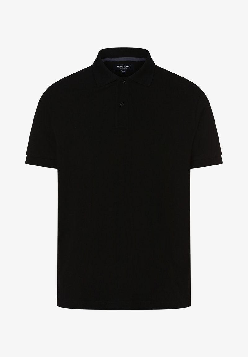 Zwarte polo gemaakt van katoen, met een klassieke kraag, twee-knopen sluiting en korte mouwen. Glad textuur met een rechte zoom.
