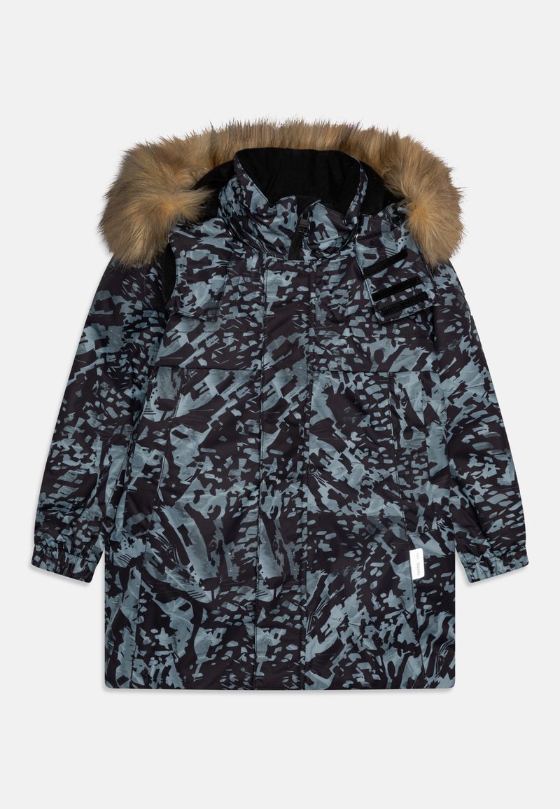 Padded parka v tmavě modrém a šedém abstraktním vzoru, s kapucí lemovanou umělou kožešinou, se zipovým zapínáním a dvěma předními kapsami.