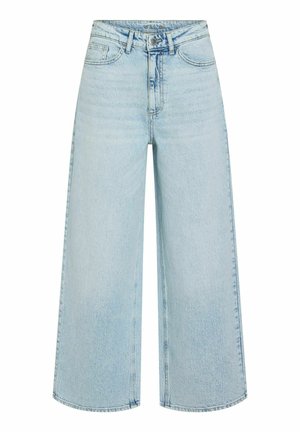 Hele sinised kõrge vöökohaga laia säärega teksapüksid, esiotsas nupud, lukk, vööaasad ning viie taskuga disain.