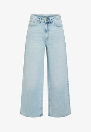 Jean en denim bleu clair, taille haute, jambe large, avec bouton sur le devant, fermeture éclair, passants pour ceinture et design à cinq poches.