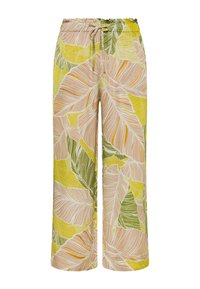 Pantalones anchos y ligeros con cintura elástica y cordón, con un gran estampado de hojas tropicales en tonos verdes, amarillos y beige.