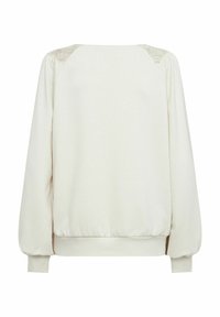 Krämfärgad sweatshirt med långa, puffärmar, ribbat avslut och spetsdetaljer på axlarna. Slät textur, avslappnad passform, enfärgad.