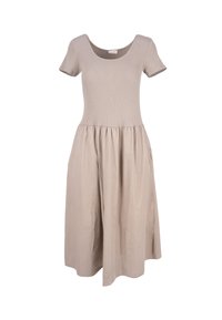Beiges, kurzärmeliges Kleid mit einem gerippten Oberteil und einem fließenden, gerafften Rock. Hergestellt aus leichtem Stoff, mit seitlichen Taschen.