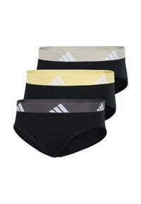 Baumwollslips in Schwarz mit elastischen Bündchen in Beige, Gelb und Grau, die weiße Logo-Details aufweisen. Sie bieten eine enge Passform und eine glatte Textur.