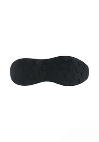 Suola di scarpa in gomma nera con battistrada circolare e marchio in rilievo. Superficie liscia con design curvo, che offre grip e supporto.