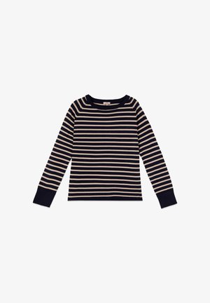 Pitkähihainen, laivastonsininen ja beige raidallinen neulepaita, jossa on pyöreä pääntie ja resorireunukset, aseteltuna tasaisesti valkoiselle taustalle.