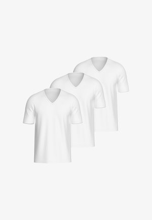 Three plain white V-neck short-sleeve t-shirts arranged in a staggered overlapping formation on a white background.