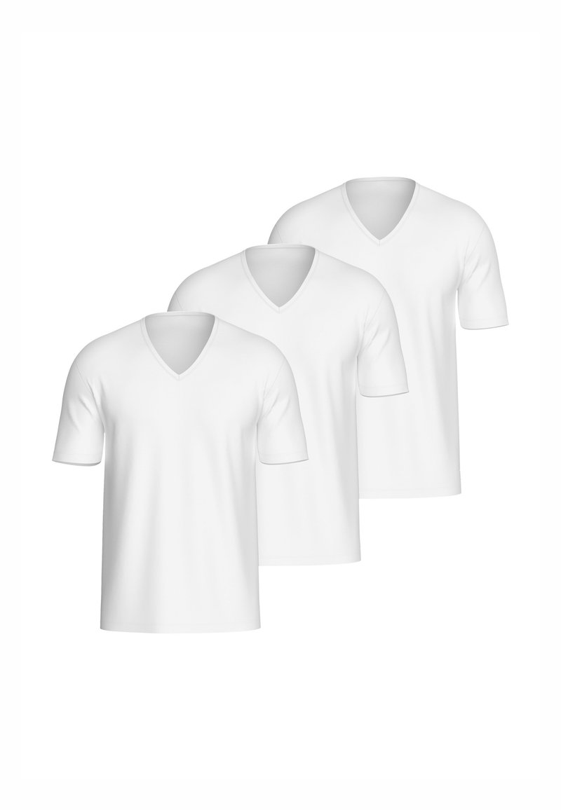 Three plain white V-neck short-sleeve t-shirts arranged in a staggered overlapping formation on a white background.