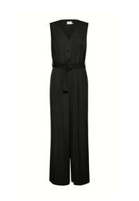 Vestito intero senza maniche di colore nero con scollatura a V, chiusure frontali con bottoni, vita con cintura e pantaloni a gamba larga. Tessuto liscio senza motivi.