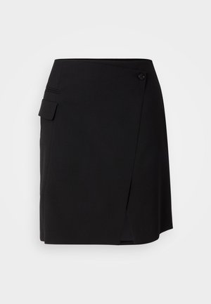 Juodas apvalkalas sijonas, pagamintas iš lygaus audinio, su šonine kišene ir mygtukų uždarymu. Dizainas apima priekį skeltą, kad būtų lengviau judėti.