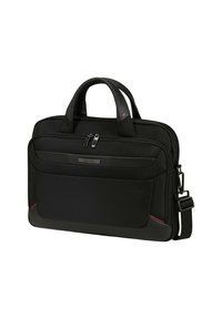 Black Samsonite laptop bag with dual handles, front zip pocket, and adjustable shoulder strap on white background.