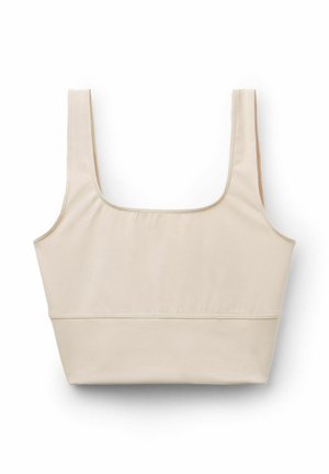 Beige Crop-Top aus glattem, elastischem Material. Verfügt über breite Träger, einen quadratischen Ausschnitt und ein angepasstes Design mit einer Nahtdetail am Saum.
