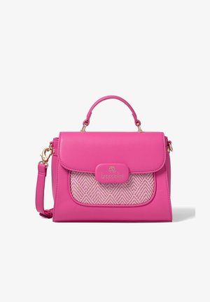 Borsa a mano rosa con design strutturato, caratterizzata da una tasca frontale intrecciata e dettagli in metallo dorato. Include un manico superiore e una tracolla removibile.