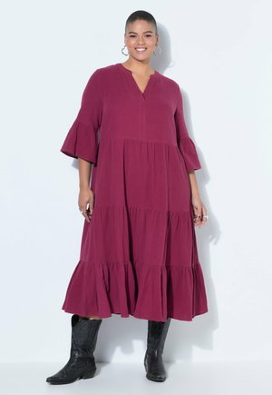 MUSSELIN STEHKRAGEN VOLANTS 3/4-ÄRMEL - Freizeitkleid - aubergine