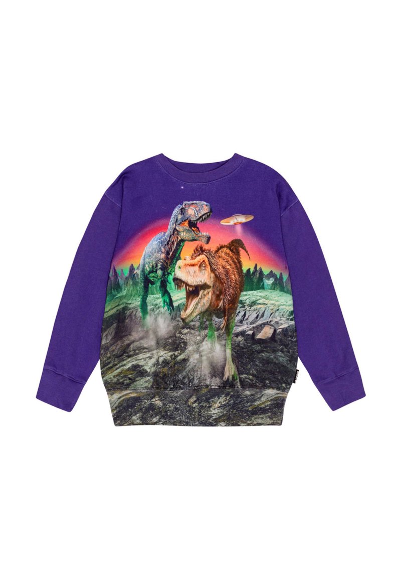 Felpa viola con un grafico di due dinosauri e un UFO. Tessuto morbido con maniche lunghe, collo a giro e una stampa vivace e dettagliata.
