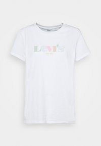 Valkoinen puuvillapaita, jossa on värikäs "Levi's"-logo pastellivärillä, lyhyet hihat ja pyöreä kaula-aukko.