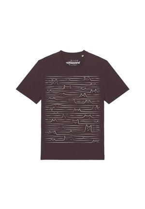 Dark brown t-shirt with a white design of horizontal lines forming simple cat faces and ears across the front.