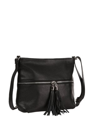Black textured leather crossbody bag with silver zipper and two long tassels hanging from the zipper pull.