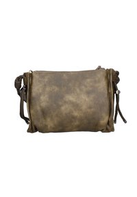 Borsa a tracolla verde oliva in ecopelle con chiusura a zip, superficie testurizzata e due tracolle in tessuto regolabili su ciascun lato.