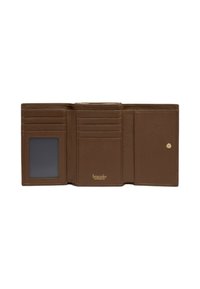 Portafoglio in pelle marrone strutturata con molteplici fessure per carte, una tasca trasparente per il documento d'identità e una chiusura a scatto. Marchio dorato visibile all'interno.