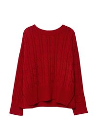 Pull en tricot rouge avec un motif de câbles, col large et coupe ample avec des fentes sur les côtés pour plus de confort.