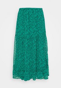 Floral maxi rok in teal met zwarte bloempatronen, lichte stof, elastische tailleband en gelaagd ontwerp.