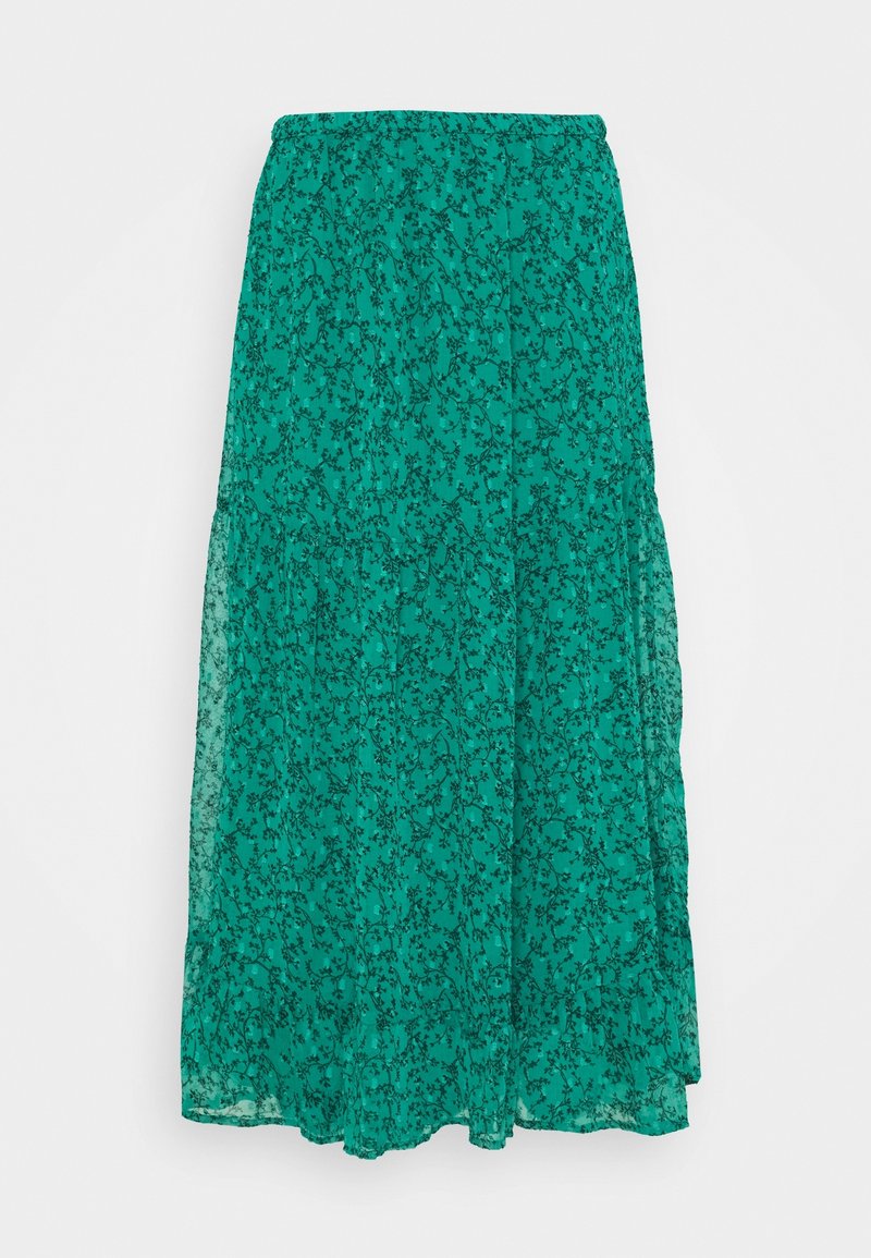 Floral maxi rok in teal met zwarte bloempatronen, lichte stof, elastische tailleband en gelaagd ontwerp.