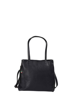 Black leather tote bag with dual shoulder straps and a detachable crossbody strap, featuring a small zipper pull with an Italian flag charm.