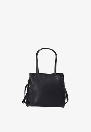 Zwart leren totebag met dubbele schouderbanden en een afneembare crossbodyband, voorzien van een klein ritstrekkertje met een charm in de vorm van de Italiaanse vlag.