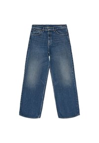 Wide-leg denim jeans in medium blue. Made of cotton, featuring faded sections, five-pocket design, and a zip fly with button closure.