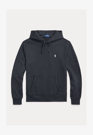 Tamsiai mėlynas medvilninis džemperis su gaubtu, priekyje kišenė, reguliuojama raišteliu, ribiniais rankogaliais ir mažu baltu logotipu ant krūtinės.