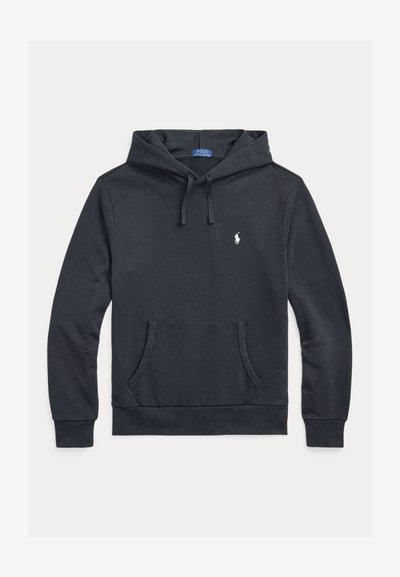 Camisola com capuz em algodão azul marinho, com bolso frontal, cordão ajustável, punhos canelados e um pequeno logotipo branco no peito.