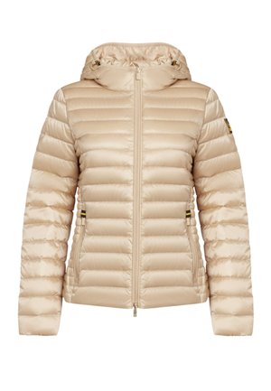 Giacca imbottita trapuntata beige con cappuccio, cerniera frontale, due tasche laterali con zip e polsini elasticizzati.