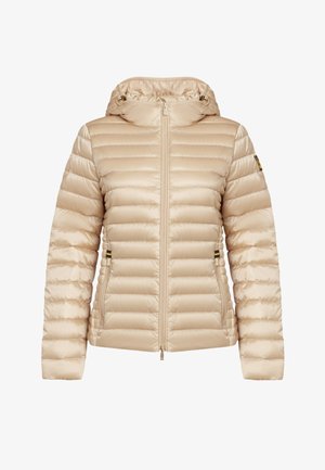 Giacca imbottita trapuntata beige con cappuccio, cerniera frontale, due tasche laterali con zip e polsini elasticizzati.