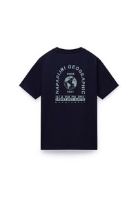 Marineblå bomulds t-shirt med et trykt globusdesign og tekst på bagsiden. Løs pasform med rund halsudskæring og korte ærmer.