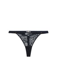 String en dentelle noire avec des motifs floraux élaborés, des bretelles fines et des accents en métal doré. Design semi-transparent.