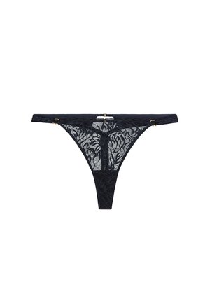 String en dentelle noire avec des motifs floraux élaborés, des bretelles fines et des accents en métal dor�é. Design semi-transparent.