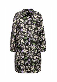 Camicia floreale nera, con fiori bianchi, viola e verdi. Maniche lunghe, colletto, bottoni frontali e un design con vestibilità ampia.