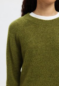 Zeleni volnen pulover z teksturirano, puhasto površino. Ima okrogel izrez in je oblečen preko bele srajce za dodatne podrobnosti.