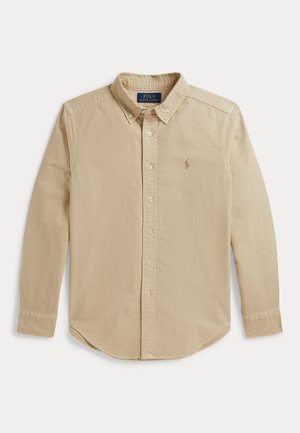 Beżowa koszula z długim rękawem na guziki, z kołnierzykiem i haftowanym logo Polo Ralph Lauren na lewej piersi.